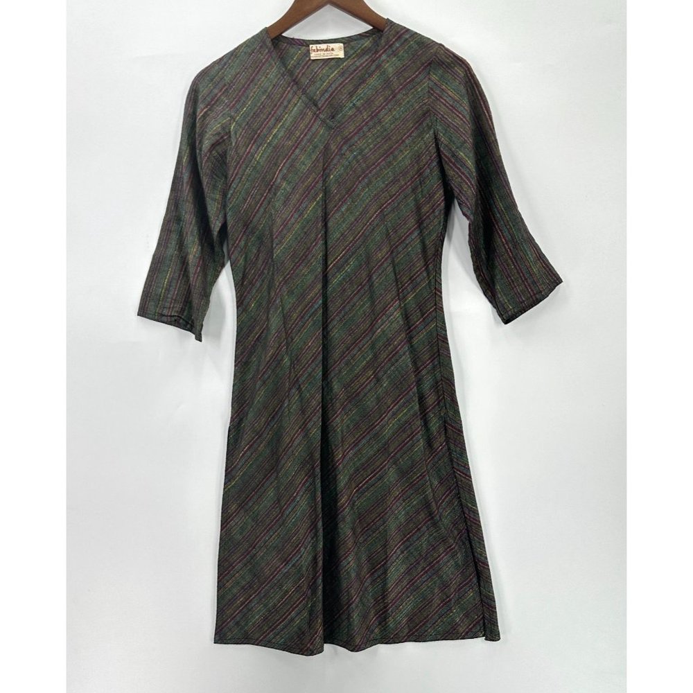 Fabindia Women's Tunic Kurta Dress 3/4 Sleeve Slit On Sides Multicolor S